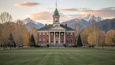 Historic brick county courthouse with a bell tower on a lawn, autumn aspens and snowy peaks behind at dusk