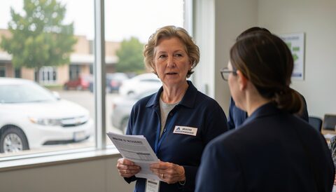 Woman wearing a name badge holds a printed sheet while speaking with a visitor beside a window