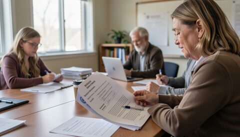 Three people at a table going through paperwork, one of them holding a printed form with an official seal