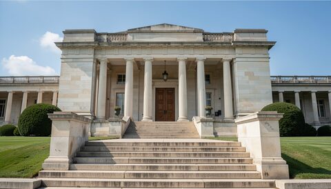 Stone capitol steps leading up to tall columns and bronze doors, lawns and a clear blue sky