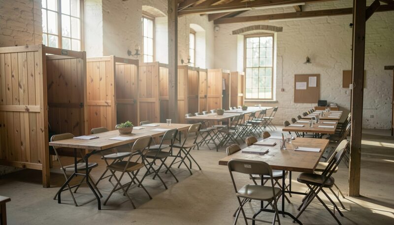 Rural polling hall with wooden voting booths and folding tables, morning light through tall windows